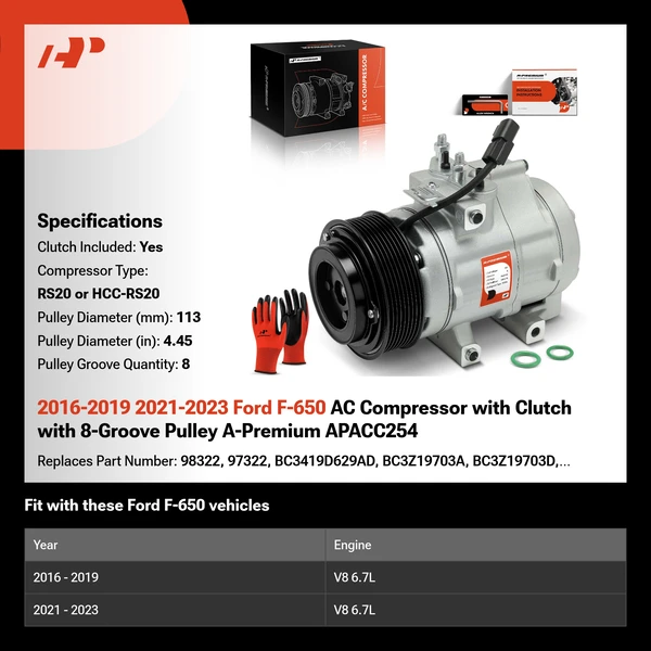 2016-2019 2021-2023 Ford F-650 AC Compressor with Clutch with 8-Groove Pulley A-Premium APACC254