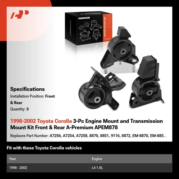 1998-2002 Toyota Corolla 3-Pc Engine Mount and Transmission Mount Kit Front & Rear A-Premium APEM878
