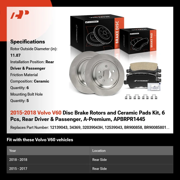 2015-2018 Volvo V60 Disc Brake Rotors and Ceramic Pads Kit, 6 Pcs, Rear Driver & Passenger, A-Premium, APBRPR1445