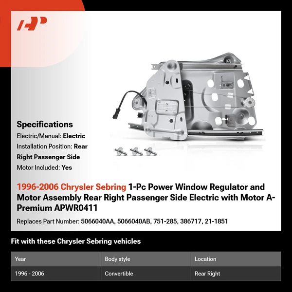1996-2006 Chrysler Sebring 1-Pc Power Window Regulator and Motor Assembly Rear Right Passenger Side Electric with Motor A-Premium APWR0411