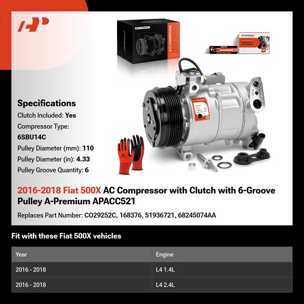 2016-2018 Fiat 500X AC Compressor with Clutch with 6-Groove Pulley A-Premium APACC521