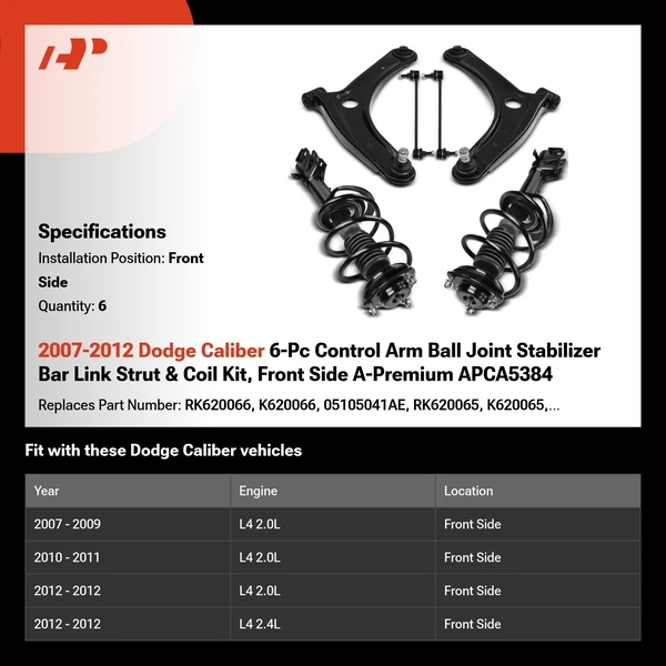 2007-2012 Dodge Caliber 6-Pc Control Arm Ball Joint Stabilizer Bar Link Strut & Coil Kit, Front Side A-Premium APCA5384