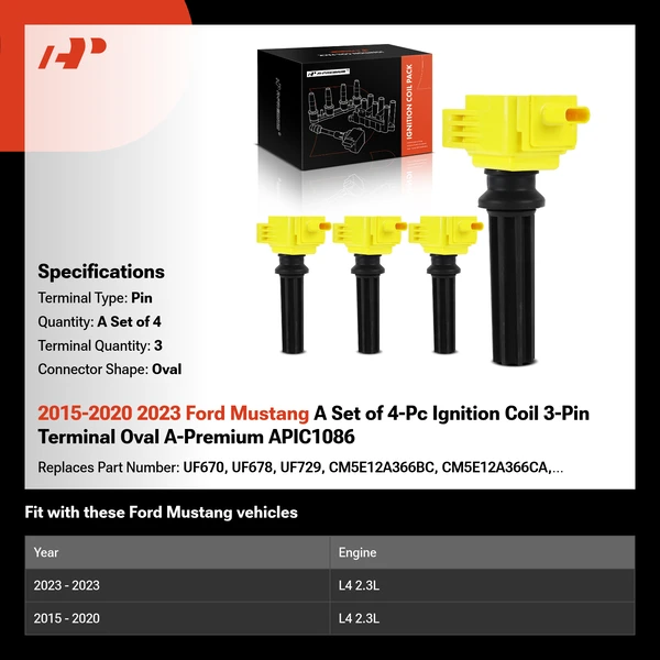 2015-2020 2023 Ford Mustang A Set of 4-Pc Ignition Coil 3-Pin Terminal Oval A-Premium APIC1086