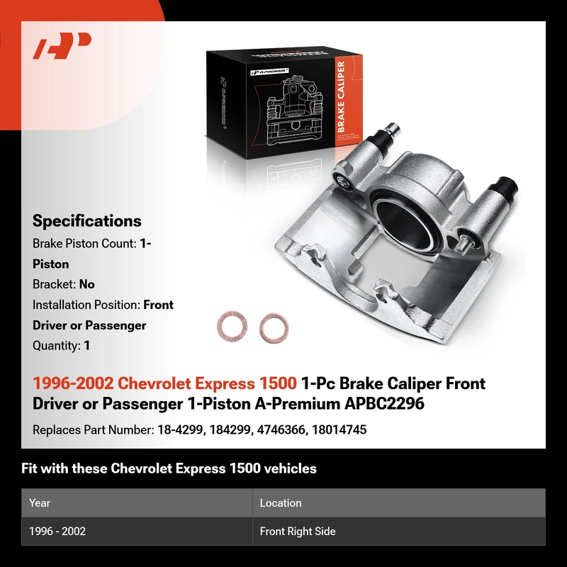 1996-2002 Chevrolet Express 1500 1-Pc Brake Caliper Front Driver or Passenger 1-Piston A-Premium APBC2296