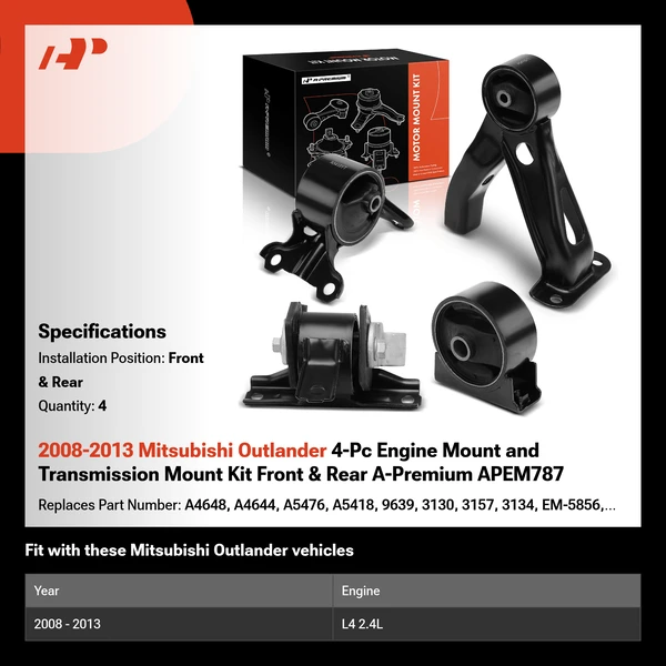 2008-2013 Mitsubishi Outlander 4-Pc Engine Mount and Transmission Mount Kit Front & Rear A-Premium APEM787