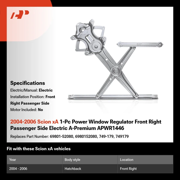 2004-2006 Scion xA 1-Pc Power Window Regulator Front Right Passenger Side Electric A-Premium APWR1446