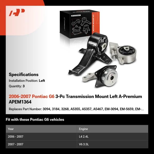 2006-2007 Pontiac G6 3-Pc Transmission Mount Left A-Premium APEM1364