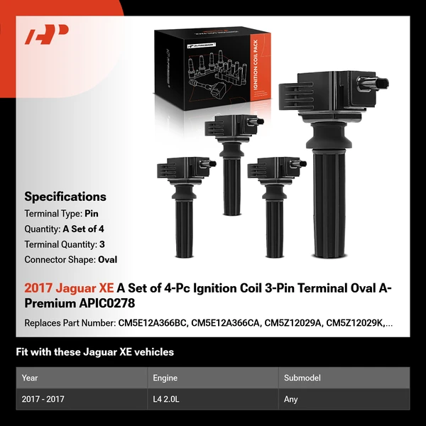 2017 Jaguar XE A Set of 4-Pc Ignition Coil 3-Pin Terminal Oval A-Premium APIC0278