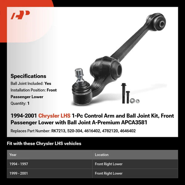 1994-2001 Chrysler LHS 1-Pc Control Arm and Ball Joint Kit, Front Passenger Lower with Ball Joint A-Premium APCA3581