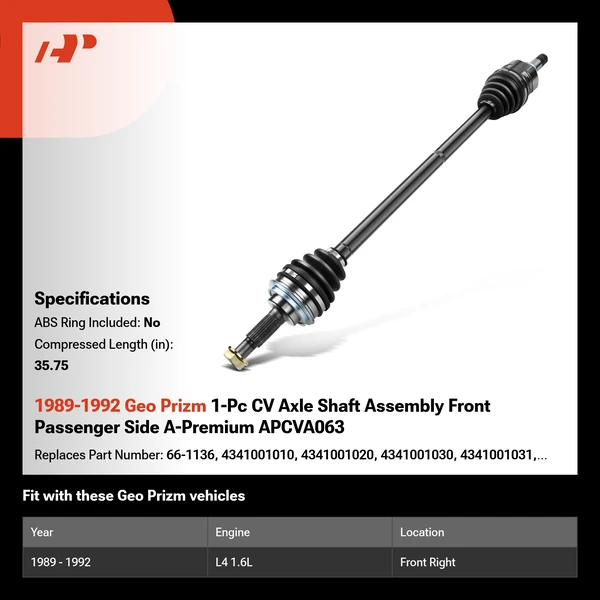 1989-1992 Geo Prizm 1-Pc CV Axle Shaft Assembly Front Passenger Side A-Premium APCVA063