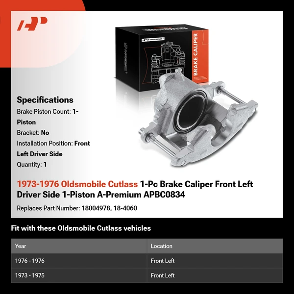 1973-1976 Oldsmobile Cutlass 1-Pc Brake Caliper Front Left Driver Side 1-Piston A-Premium APBC0834