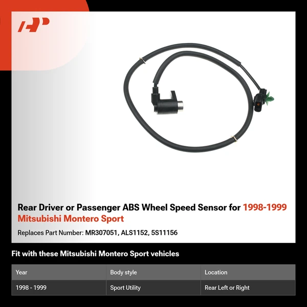 Rear Driver or Passenger ABS Wheel Speed Sensor for 1998-1999 Mitsubishi Montero Sport