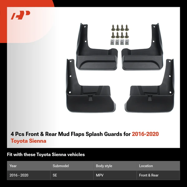 4 Pcs Front & Rear Mud Flaps Splash Guards for 2016-2020 Toyota Sienna