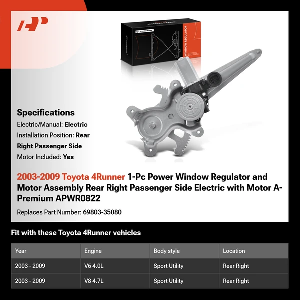 2003-2009 Toyota 4Runner 1-Pc Power Window Regulator and Motor Assembly Rear Right Passenger Side Electric with Motor A-Premium APWR0822