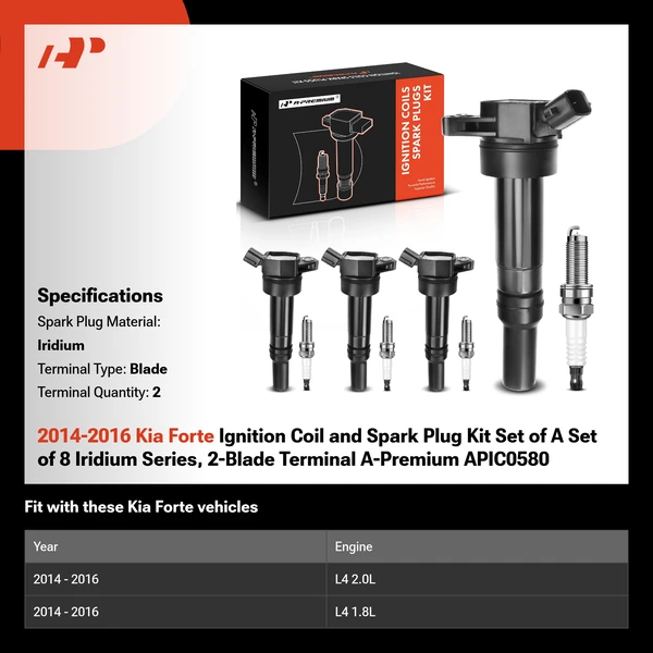 2014-2016 Kia Forte Ignition Coil and Spark Plug Kit Set of A Set of 8 Iridium Series, 2-Blade Terminal A-Premium APIC0580