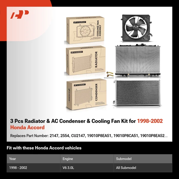 3 Pcs Radiator & AC Condenser & Cooling Fan Kit for 1998-2002 Honda Accord