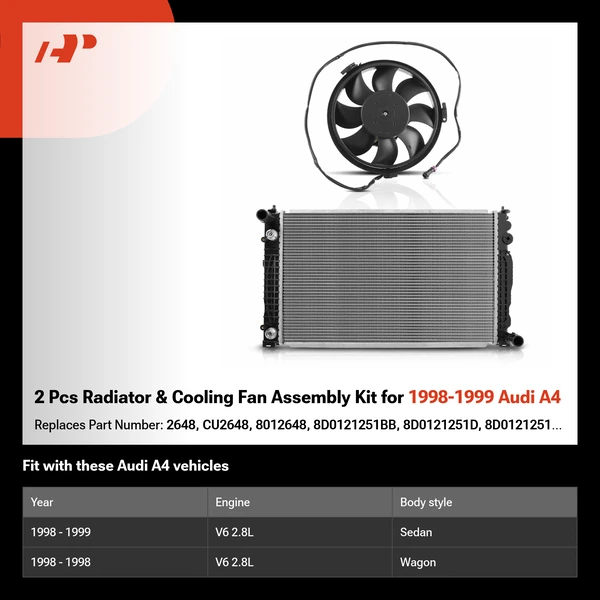 2 Pcs Radiator & Cooling Fan Assembly Kit for 1998-1999 Audi A4