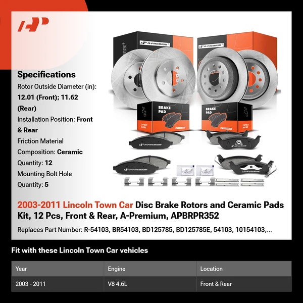 2003-2011 Lincoln Town Car Disc Brake Rotors and Ceramic Pads Kit, 12 Pcs, Front & Rear, A-Premium, APBRPR352