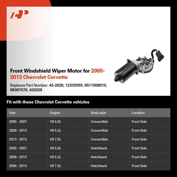 Front Windshield Wiper Motor for 2005-2013 Chevrolet Corvette