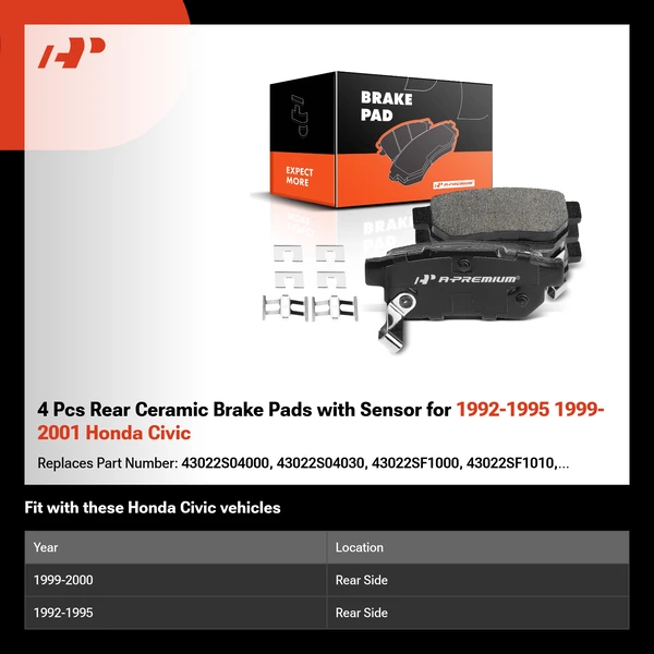 4 Pcs Rear Ceramic Brake Pads with Sensor for 1992-1995 1999-2001 Honda Civic