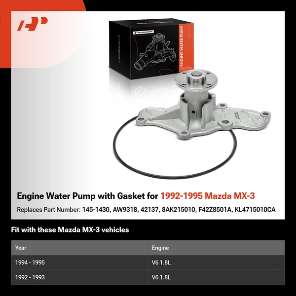 Engine Water Pump with Gasket for 1992-1995 Mazda MX-3