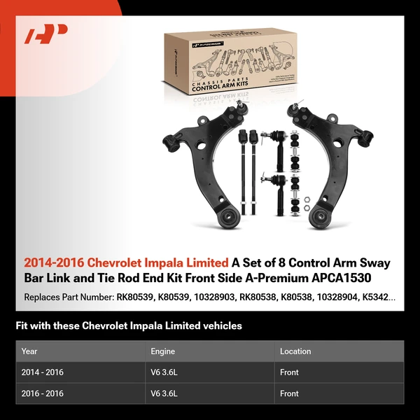 2014-2016 Chevrolet Impala Limited A Set of 8 Control Arm Sway Bar Link and Tie Rod End Kit Front Side A-Premium APCA1530