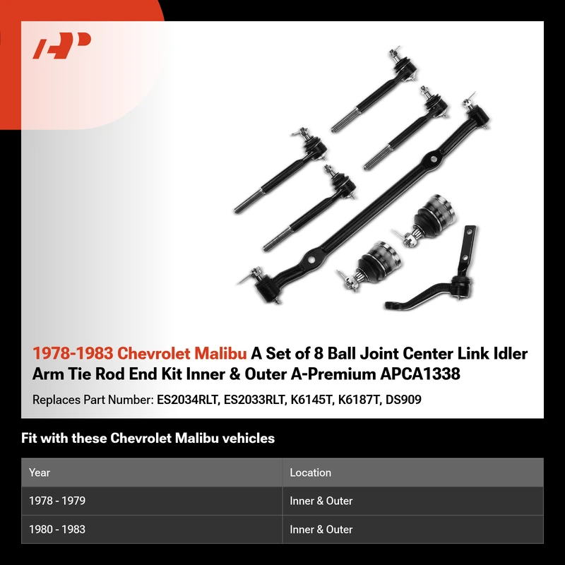 1978-1983 Chevrolet Malibu A Set of 8 Ball Joint Center Link Idler Arm Tie Rod End Kit Inner & Outer A-Premium APCA1338