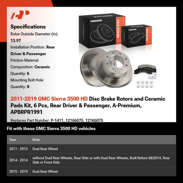 2011-2019 GMC Sierra 3500 HD Disc Brake Rotors and Ceramic Pads Kit, 6 Pcs, Rear Driver & Passenger, A-Premium, APBRPR1991