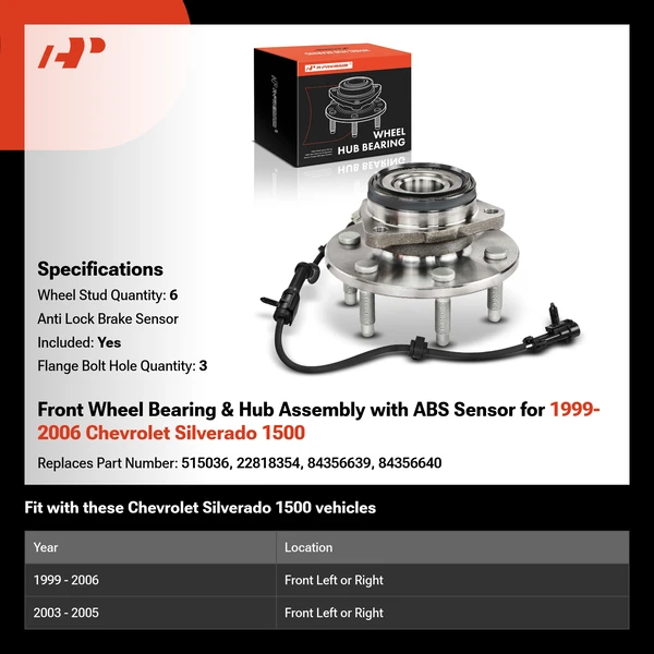 Front Wheel Bearing & Hub Assembly with ABS Sensor for 1999-2006 Chevrolet Silverado 1500
