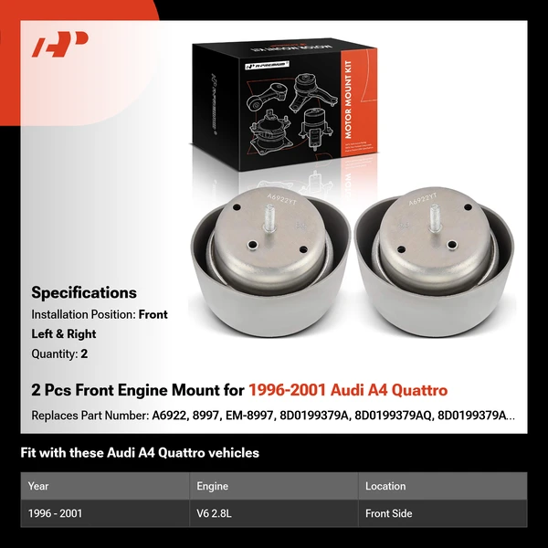 2 Pcs Front Engine Mount for 1996-2001 Audi A4 Quattro