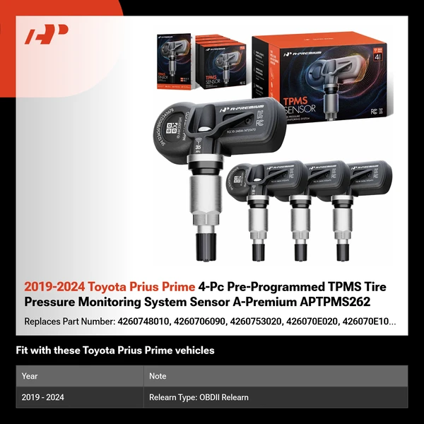 2019-2024 Toyota Prius Prime 4-Pc Pre-Programmed TPMS Tire Pressure Monitoring System Sensor A-Premium APTPMS262