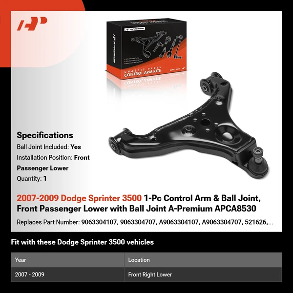 2007-2009 Dodge Sprinter 3500 1-Pc Control Arm & Ball Joint, Front Passenger Lower with Ball Joint A-Premium APCA8530