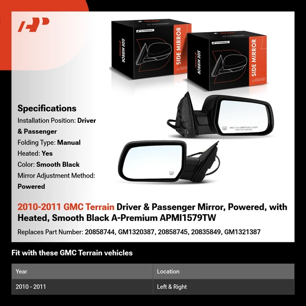 2010-2011 GMC Terrain Driver & Passenger Mirror, Powered, with Heated, Smooth Black A-Premium APMI1579TW