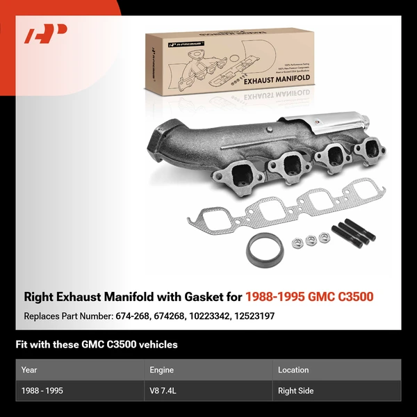 Right Exhaust Manifold with Gasket for 1988-1995 GMC C3500
