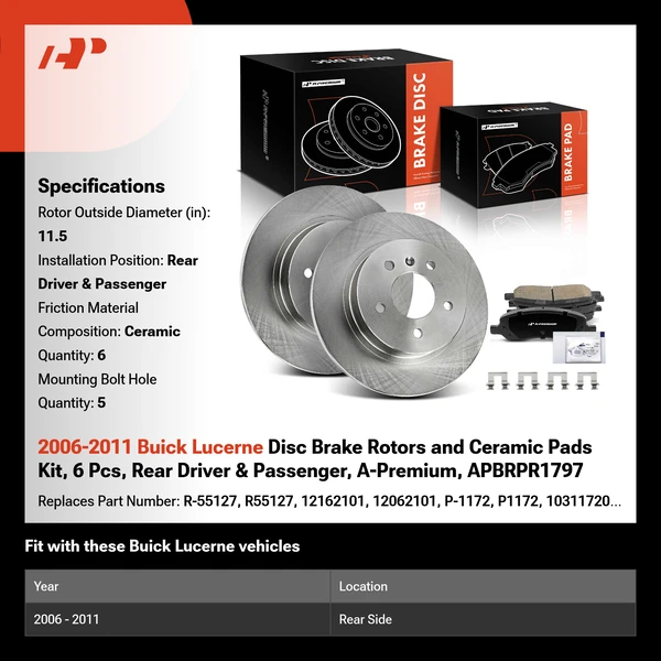 2006-2011 Buick Lucerne Disc Brake Rotors and Ceramic Pads Kit, 6 Pcs, Rear Driver & Passenger, A-Premium, APBRPR1797