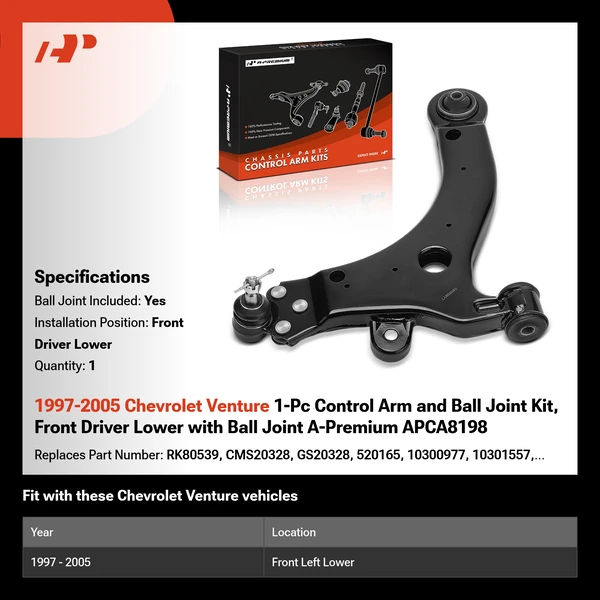 1997-2005 Chevrolet Venture 1-Pc Control Arm and Ball Joint Kit, Front Driver Lower with Ball Joint A-Premium APCA8198