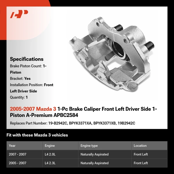 2005-2007 Mazda 3 1-Pc Brake Caliper Front Left Driver Side 1-Piston A-Premium APBC2584
