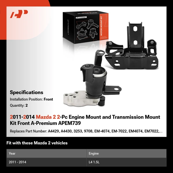 2011-2014 Mazda 2 2-Pc Engine Mount and Transmission Mount Kit Front A-Premium APEM739