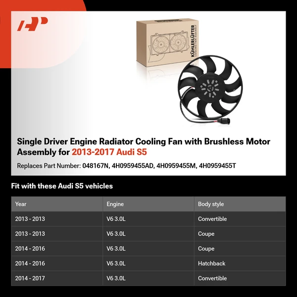 Single Driver Engine Radiator Cooling Fan with Brushless Motor Assembly for 2013-2017 Audi S5