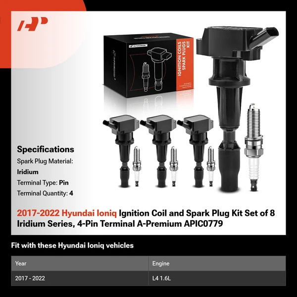2017-2022 Hyundai Ioniq Ignition Coil and Spark Plug Kit Set of 8 Iridium Series, 4-Pin Terminal A-Premium APIC0779