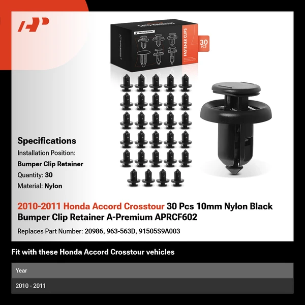 2010-2011 Honda Accord Crosstour 30 Pcs 10mm Nylon Black Bumper Clip Retainer A-Premium APRCF602
