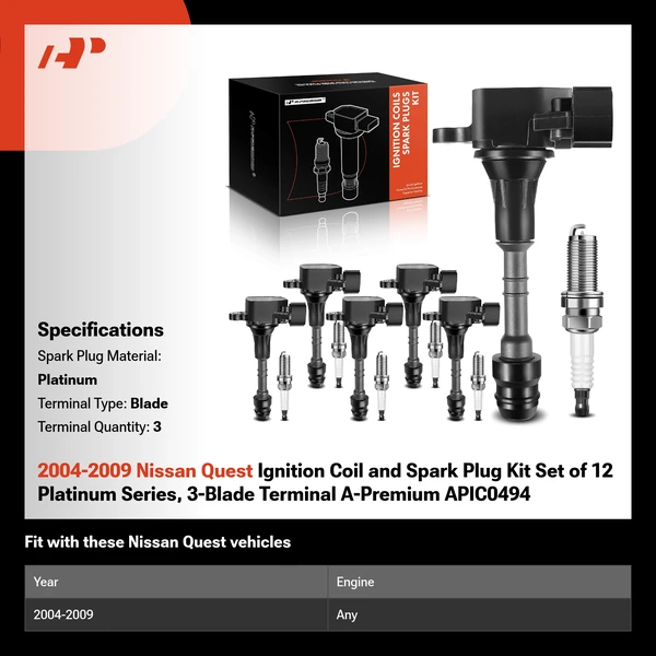 2004-2009 Nissan Quest Ignition Coil and Spark Plug Kit Set of 12 Platinum Series, 3-Blade Terminal A-Premium APIC0494