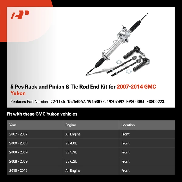 5 Pcs Rack and Pinion & Tie Rod End Kit for 2007-2014 GMC Yukon