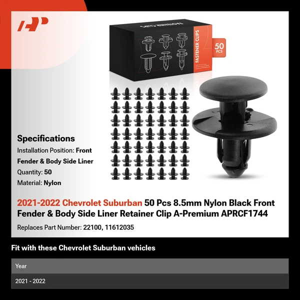 2021-2022 Chevrolet Suburban 50 Pcs 8.5mm Nylon Black Front Fender & Body Side Liner Retainer Clip A-Premium APRCF1744