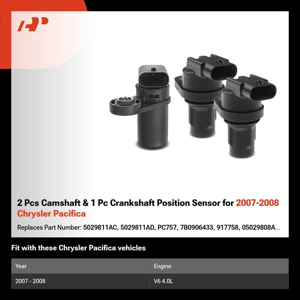 2 Pcs Camshaft & 1 Pc Crankshaft Position Sensor for 2007-2008 Chrysler Pacifica