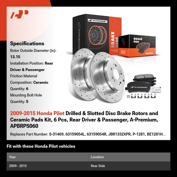 2009-2015 Honda Pilot Drilled & Slotted Disc Brake Rotors and Ceramic Pads Kit, 6 Pcs, Rear Driver & Passenger, A-Premium, APBRPS060