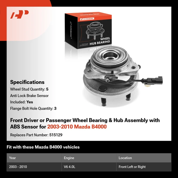 Front Driver or Passenger Wheel Bearing & Hub Assembly with ABS Sensor for 2003-2010 Mazda B4000