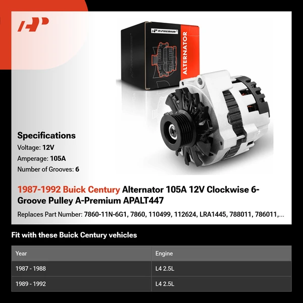 1987-1992 Buick Century Alternator 105A 12V Clockwise 6-Groove Pulley A-Premium APALT447