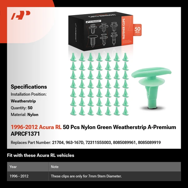 1996-2012 Acura RL 50 Pcs Nylon Green Weatherstrip A-Premium APRCF1371