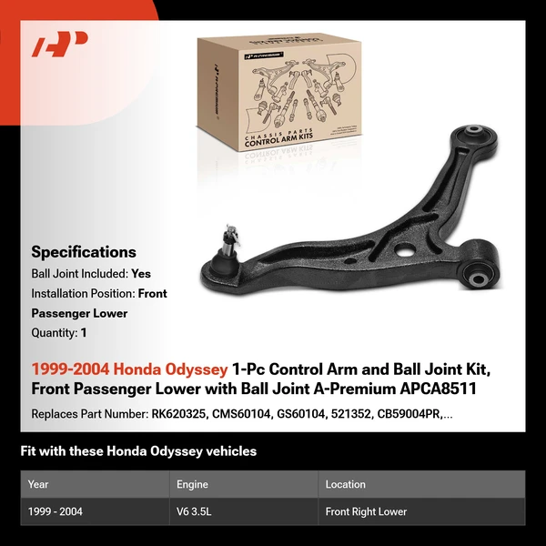 1999-2004 Honda Odyssey 1-Pc Control Arm and Ball Joint Kit, Front Passenger Lower with Ball Joint A-Premium APCA8511